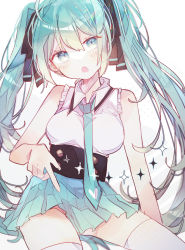 Rule 34 | 1girl, :o, aqua eyes, aqua hair, aqua necktie, aqua skirt, black ribbon, breasts, commentary request, cowboy shot, dot nose, hair between eyes, hair ribbon, hatsune miku, head tilt, kino-cands, long hair, looking at viewer, medium breasts, miniskirt, necktie, open mouth, pleated skirt, pointing, pointing down, ribbon, shirt, sitting, skirt, sleeveless, sleeveless shirt, solo, thighhighs, twintails, vocaloid, white background, white thighhighs