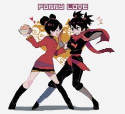 Rule 34 | 1boy, 1girl, ^^^, bad id, bad twitter id, black hair, bowl, china dress, chinese clothes, clothes grab, dress, english text, closed eyes, food, full body, garu, gloves, grey background, hair bun, heart, kendy (revolocities), ninja, noodles, pucca, pucca (cartoon), red gloves, simple background, single hair bun, smile, white background