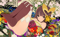Rule 34 | 1girl, artist name, ass, blush, breasts, brown eyes, brown hair, copyright name, feet, flower, from software, hair ornament, highres, japanese clothes, logo, long hair, looking at viewer, lying, manahime, no shoes, okama, on back, onore no shinzuru michi wo yuke, smile, solo, thighhighs, wallpaper, watermark