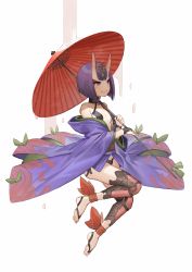 Rule 34 | 1girl, absurdres, akizone, ankle ribbon, bare shoulders, barefoot, blunt bangs, bob cut, choker, commentary, eyelashes, fang, fate/grand order, fate (series), from side, full body, gem, hair ornament, highres, holding, holding umbrella, horns, japanese clothes, kimono, leg ribbon, long sleeves, looking at viewer, obi, off shoulder, oil-paper umbrella, oni, purple eyes, purple hair, revealing clothes, ribbon, sash, short hair, shuten douji (fate), simple background, skin-covered horns, smile, solo, thighs, umbrella, white background, wide sleeves