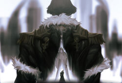 Rule 34 | 3boys, adventurer (ff14), arm up, arms at sides, back-to-back, black capelet, black coat, black robe, blurry, blurry background, brown hair, capelet, chinese commentary, coat, commentary request, covered eyes, dark knight (final fantasy), emet-selch, epaulettes, facing away, final fantasy, final fantasy xiv, from behind, fur-trimmed coat, fur trim, garlean, greatsword, highres, hood, hood up, hooded capelet, hythlodaeus, hyur, long sleeves, male focus, multiple boys, purple hair, robe, shawnstaw, short hair, size difference, standing, sword, warrior of light (ff14), weapon, weapon on back