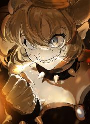 Rule 34 | 1girl, bare shoulders, bayashiko, black dress, blonde hair, blue eyes, borrowed design, bowsette, bracelet, breasts, breath weapon, breathing fire, cleavage, clenched hand, clenched teeth, collar, commentary request, crown, dress, fire, hair between eyes, horns, jewelry, large breasts, mario (series), new super mario bros. u deluxe, nintendo, sharp teeth, smile, solo, spiked bracelet, spiked collar, spikes, strapless, strapless dress, super crown, teeth