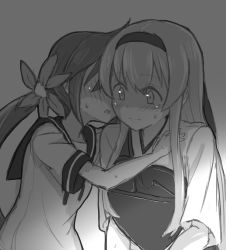 Rule 34 | 10s, 2girls, akebono (kancolle), atsushi (aaa-bbb), blush, commentary request, flower, greyscale, hair flower, hair ornament, headband, imminent kiss, kantai collection, monochrome, multiple girls, open mouth, shoukaku (kancolle), side ponytail, sweat, yuri