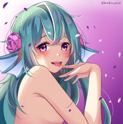Rule 34 | 1girl, absurdres, artist name, blush, breasts, c turtle, commentary, completely nude, doritos, finana ryugu, fins, fish girl, flower, green hair, hair flower, hair ornament, head fins, highres, licking, licking finger, long hair, looking at viewer, monster girl, nijisanji, nijisanji en, nude, open mouth, purple background, purple eyes, purple flower, saliva, sideboob, simple background, solo, tongue, tongue out, virtual youtuber