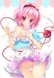 Rule 34 | 1girl, absurdres, apron, blush, breasts, candy, cedama, food, groin, hairband, has bad revision, has downscaled revision, heart, highres, kinokomushi, komeiji satori, lollipop, looking at viewer, md5 mismatch, off shoulder, open clothes, open shirt, panties, pantyshot, pink eyes, pink hair, resolution mismatch, shirt, short hair, skirt, small breasts, smile, solo, source smaller, swirl lollipop, thighhighs, third eye, touhou, underwear, waist apron, white panties, white thighhighs
