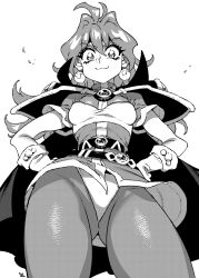Rule 34 | 1girl, :3, belt, breasts, cape, closed mouth, foreshortening, from below, gluteal fold, greyscale, hair intakes, halftone, hands on own hips, highres, ireading, light frown, lina inverse, long hair, long sleeves, looking at viewer, looking down, monochrome, pantyhose, shirt, signature, slayers, small breasts, solo, standing, thighs, white background