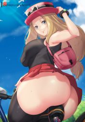 Rule 34 | 1girl, ass, aster crowley, bicycle, black thighhighs, blonde hair, blush, breasts, brown eyes, creatures (company), eyewear on head, from below, game freak, hat, highres, long hair, looking at viewer, looking back, nintendo, no panties, pleated skirt, pokemon, pokemon xy, seductive smile, serena (pokemon), sex toy, skirt, sleeveless, smile, solo, sunglasses, sweat, thighhighs, vibrator