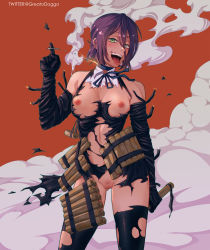 Rule 34 | 1girl, absurdres, artist name, black choker, black dress, black hair, black thighhighs, blue ribbon, breasts, chainsaw man, choker, cleft of venus, contrapposto, cowboy shot, dress, evil smile, female pubic hair, gluteal fold, greatodoggo, green eyes, grenade pin, hair between eyes, halter dress, halterneck, highres, looking at viewer, medium breasts, neck ribbon, nipples, open mouth, pubic hair, pussy, red background, reze (chainsaw man), ribbon, shirt, short hair, smile, smoke, solo, teeth, thighhighs, tongue, tongue out, torn clothes, torn thighhighs, white shirt