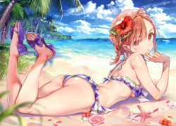 Rule 34 | 1girl, ahoge, ass, bare shoulders, beach, bikini, blue sky, breasts, brown eyes, brown hair, cloud, commentary request, day, dsmile, feet, flower, frilled bikini, frills, from behind, hair flower, hair ornament, hair tie, looking at viewer, looking back, lying, misaka mikoto, ocean, on stomach, outdoors, palm tree, plaid, sand, sandals, shiny skin, short hair, sky, small breasts, solo, spiked hair, swimsuit, the pose, toaru kagaku no railgun, toaru majutsu no index, tree, water