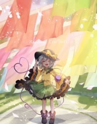 Rule 34 | 1girl, adjusting clothes, adjusting headwear, ametama (runarunaruta5656), bare legs, black hat, blue sky, boots, bow, brown footwear, buttons, closed eyes, clothesline, diamond button, english text, eyeball, frilled shirt collar, frilled skirt, frilled sleeves, frills, full body, green skirt, hat, hat bow, hat ribbon, heart, heart of string, highres, komeiji koishi, looking at viewer, open mouth, outdoors, outstretched arms, ribbon, shirt, silver hair, skirt, sky, smile, solo, spread arms, third eye, touhou, wide sleeves, yellow bow, yellow ribbon, yellow shirt