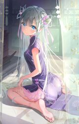 Rule 34 | 1girl, ass, barefoot, blue eyes, blush, bow, china dress, chinese clothes, closed mouth, commentary request, curtains, double bun, dress, feet, from side, full body, grey hair, hair bun, hair ornament, highres, indoors, legs, long hair, looking at viewer, on ground, original, pink bow, pokunoe, purple dress, short sleeves, sitting, soles, solo, thighs, toes, twitter username, two side up, very long hair, wariza