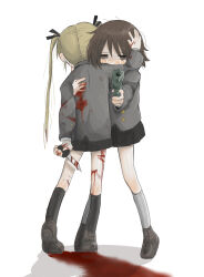 Rule 34 | 2girls, aiming, aiming at viewer, black ribbon, black skirt, black socks, bleeding, blonde hair, blood, blood on clothes, blood trail, bloody knife, blush, brown eyes, brown hair, bullet hole, comforting, commentary request, covered mouth, crying, crying with eyes open, cuts, facing away, full body, furrowed brow, grey jacket, grey socks, gun, hair ribbon, hand on another&#039;s back, hand on another&#039;s head, heel up, highres, holding, holding gun, holding knife, holding weapon, hug, injury, jacket, kill me baby, knife, loafers, long hair, long sleeves, messy hair, multiple girls, oribe yasuna, parted hair, pleated skirt, ribbon, school uniform, shoes, short hair, simple background, skirt, socks, sonya (kill me baby), standing, tears, twintails, weapon, white background, yasashii naizou