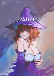 Rule 34 | 1girl, black souls, blue eyes, blush, breasts, cleavage, closed mouth, dorothy (black souls), dress, goddkilly, hair ribbon, hat, highres, large breasts, light, looking at viewer, orange hair, orange ribbon, purple dress, purple hat, ribbon, short hair, sleeveless, sleeveless dress, solo, upper body, witch hat