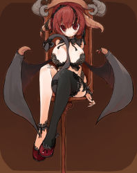 Rule 34 | 1girl, ankle garter, bad id, bad pixiv id, bare legs, between breasts, between legs, black thighhighs, breasts, brown background, chair, demon tail, endou chihiro, highres, horns, large breasts, original, red eyes, red hair, short hair, simple background, single thighhigh, sitting, solo, tail, thighhighs, wings, wrist cuffs