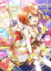 Rule 34 | 1girl, artist name, artist request, back bow, blush, bow, breasts, dress, earrings, female focus, frilled dress, frills, gloves, green eyes, hair between eyes, holding, holding wand, hoshizora rin, jewelry, looking at viewer, love live!, love live! school idol festival, love live! school idol project, orange hair, parted lips, pink skirt, red bow, short hair, skirt, smile, solo, wand, white dress, white gloves, white legwear, white wrist cuffs, wrist bow, wrist cuffs, yellow bow, yellow eyes