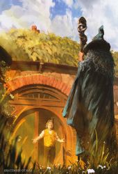 Rule 34 | 2boys, anato finnstark, bilbo baggins, brown hair, fantasy, gandalf, halfling, hat, highres, hobbit, holding, holding staff, long sleeves, male focus, multiple boys, old, old man, outdoors, robe, short hair, staff, standing, the hobbit, the lord of the rings, tolkien&#039;s legendarium, tolkien's legendarium, wizard, wizard hat