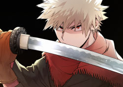 Rule 34 | 1boy, bakugou katsuki, black background, blonde hair, boku no hero academia, brown gloves, brown shirt, cho mo futoshi, closed mouth, commentary request, fringe trim, gloves, holding, holding sword, holding weapon, looking at viewer, male focus, official alternate costume, red eyes, red scarf, scarf, shirt, simple background, solo, spiked hair, sword, weapon