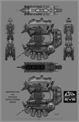 Rule 34 | 3d, absurdres, battleship (eve online), character sheet, commentary, concept art, copyright name, dated, eve online, from side, greyscale, highres, logo, machinery, military vehicle, monochrome, multiple views, original, science fiction, simple background, spacecraft, spaceship, tomacmuni, vehicle focus