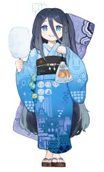 Rule 34 | 1girl, absurdres, alphys, alternate costume, aris (blue archive), bag, bagged fish, black hair, blue archive, blue eyes, character print, closed mouth, commentary, cotton candy, fish, flowey (undertale), full body, geta, goldfish, hair between eyes, halo, highres, japanese clothes, kimono, long bangs, long hair, looking at viewer, menthako, mettaton, mettaton ex, muffet, no socks, obi, obijime, papyrus (undertale), print kimono, sandals, sans (undertale), sash, simple background, solo, standing, straight-on, symbol-only commentary, undertale, undyne, very long hair, white background, yukata, zouri