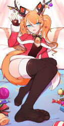 Rule 34 | 1girl, absurdres, andou inari, animal ears, antlers, aqua eyes, bell, black thighhighs, blue eyes, candy, christmas, feet, food, highres, horns, indie virtual youtuber, long hair, looking at viewer, open mouth, orange hair, santa costume, soles, tail, thighhighs, toes, twintails