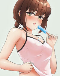 Rule 34 | 1girl, arthur ko, blush, brown eyes, brown hair, camisole, food, fubuki (kancolle), grey background, holding, holding food, kantai collection, popsicle, short hair, short ponytail, simple background, solo, white camisole