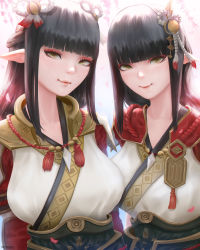 Rule 34 | 2girls, armor, backlighting, black hair, breasts, eyeshadow, green eyes, hair ornament, highres, hime cut, hinoa, japanese clothes, jewelry, large breasts, looking at viewer, makeup, mcdobo, minoto, monster hunter (series), monster hunter rise, multiple girls, necklace, pendant, pointy ears, red eyeshadow, shoulder armor, siblings, sisters, straight hair, twins