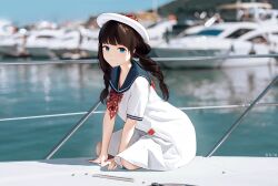 Rule 34 | 1girl, absurdres, arm support, artist name, blue eyes, blue sailor collar, bow, bowtie, braid, brown hair, chenmovicio, chinese commentary, commentary request, dress, hat, highres, long hair, looking at viewer, marina, ocean, photo-referenced, polka dot, railing, real life, red bow, red bowtie, red headwear, sailor collar, sailor dress, seiza, short sleeves, sitting, smile, twin braids, twintails, water, watercraft, white dress, white headwear, yacht