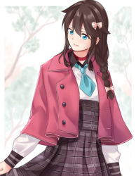 Rule 34 | 1girl, blue eyes, blue necktie, blush, bow, braid, brown hair, capelet, casual, collared capelet, collared dress, dress, facing away, hair between eyes, hair bow, hair over shoulder, kantai collection, long hair, long sleeves, looking to the side, necktie, outdoors, pink capelet, plaid, plaid dress, polka dot, polka dot bow, saruno (eyesonly712), shigure (kancolle), single braid, smile, solo, unbuttoned