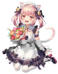 Rule 34 | 1girl, :d, animal ears, apron, artist name, bell, black bow, black dress, blush, bouquet, bow, breasts, cat ears, cat tail, cleavage, commentary request, dot nose, dress, flower, frilled apron, frills, hair bell, hair bow, hair ornament, high heels, highres, indie virtual youtuber, jingle bell, kikugetsu, looking at viewer, maid, maid apron, maid headdress, medium breasts, miyake tamako, neck bell, neck ribbon, open mouth, pink hair, pink ribbon, red eyes, ribbon, short hair, short sleeves, simple background, smile, tail, teeth, upper teeth only, virtual youtuber, white apron, white background, wrist cuffs