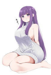 Rule 34 | 1girl, :t, aran sweater, backless dress, backless outfit, bare legs, barefoot, blunt bangs, breasts, cable knit, commentary request, dress, fern (sousou no frieren), grey sweater, highres, kanmuri (kannmuri0227), large breasts, long hair, looking at viewer, meme attire, naked sweater, pout, purple eyes, purple hair, sitting, sleeveless, sleeveless sweater, sleeveless turtleneck, solo, sousou no frieren, sweater, sweater dress, turtleneck, virgin killer sweater, wariza, white background