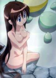 Rule 34 | 00s, 1girl, absurdres, afloat, bath, blue eyes, breast hold, breasts, brown hair, cleavage, covering privates, covering breasts, highres, kappa, large breasts, long hair, nagasarete airantou, nude, nude cover, onsen, scan, scan artifacts, sitting, soaking feet, solo, suzu (nagasarete airantou), toono (nagasarete airantou), very long hair, water