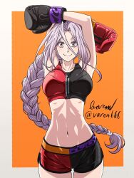 Rule 34 | 1girl, baron (varon666), boxing gloves, boxing shorts, fuuto tantei, highres, long hair, looking at viewer, midriff, pink eyes, pink hair, shorts, smile, solo, tokime (fuuto tantei), upper body, very long hair