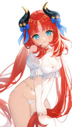 Rule 34 | 1girl, absurdres, alternate costume, blue eyes, blue ribbon, blunt bangs, breasts, cleavage, closed mouth, contrapposto, cowboy shot, crop top, fake horns, genshin impact, hair ribbon, highres, holding, holding hair, horns, jewelry, kuqfh, long hair, looking at viewer, low twintails, medium breasts, necklace, nilou (genshin impact), panties, parted bangs, puffy short sleeves, puffy sleeves, red hair, revision, ribbon, short sleeves, sidelocks, simple background, smile, solo, twintails, underwear, very long hair, white background, white panties
