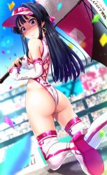 Rule 34 | 1girl, ass, bad id, bad twitter id, black hair, blue eyes, blush, boots, breasts, company connection, day, elbow gloves, embarrassed, from behind, gloves, highleg, highleg leotard, highres, holding, holding umbrella, idolmaster, idolmaster million live!, kneeling, leotard, long hair, looking at viewer, looking back, mogami shizuka, namco, outdoors, race queen, run p (aveton), shiny skin, small breasts, solo, star buster, thigh boots, thighhighs, umbrella, visor cap, white leotard