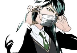 Rule 34 | 1boy, black jacket, blazer, collared shirt, covered mouth, danganronpa (series), danganronpa v3: killing harmony, green hair, green necktie, holding, jacket, long hair, long sleeves, looking ahead, male focus, mask, mouth mask, necktie, official alternate costume, parted bangs, partially colored, po (enjoy ronpa), school uniform, shinguji korekiyo, shirt, simple background, solo, surgical mask, upper body, vest, white background, winter uniform, yellow eyes