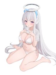 Rule 34 | 1girl, :p, absurdres, bikini, blue archive, blush, breasts, cleavage, clothes lift, grey hair, halo, headphones, highres, hiyayo25, large breasts, long hair, looking at viewer, mechanical halo, noa (blue archive), purple eyes, shirt, shirt lift, side-tie bikini bottom, sidelocks, solo, sweat, swimsuit, thighs, tongue, tongue out, white background, white bikini, white hair, white shirt
