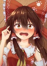 Rule 34 | 1girl, angry, blush, bow, breasts, brown background, brown hair, collar, commentary request, detached sleeves, dress, embarrassed, eyelashes, frilled bow, frilled collar, frills, full-face blush, hair between eyes, hair bow, hair tubes, hakurei reimu, hand up, highres, japanese clothes, long hair, miko, neckerchief, open mouth, paw print, red bow, red dress, sidelocks, simple background, small breasts, solo, touhou, wavy mouth, white collar, white sleeves, wide-eyed, wide sleeves, wily beast and weakest creature, yellow eyes, yellow neckerchief, yosshy
