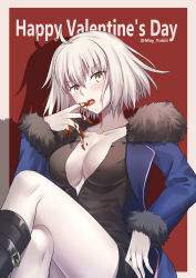 Rule 34 | 1girl, ahoge, black dress, black footwear, blue jacket, blush, boots, breasts, buckle, chocolate, cleavage, collarbone, commentary, crossed legs, dress, english text, fate/grand order, fate (series), fur-trimmed jacket, fur-trimmed sleeves, fur collar, fur trim, gogatsu fukuin, grey hair, hair between eyes, hand up, happy valentine, head tilt, highres, jacket, jeanne d&#039;arc (fate), jeanne d&#039;arc alter (fate), jeanne d&#039;arc alter (ver. shinjuku 1999) (fate), knee boots, large breasts, licking, licking finger, long sleeves, looking at viewer, official alternate costume, open clothes, open jacket, open mouth, pale skin, partially unzipped, red background, shadow, short dress, short hair, sitting, solo, tongue, tongue out, twitter username, v-shaped eyebrows, valentine, yellow eyes