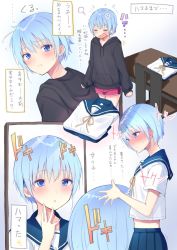 Rule 34 | 1boy, anger vein, black hoodie, blue eyes, blue hair, blue sailor collar, closed eyes, crossdressing, desk, dolphin shorts, from side, highres, hood, hood down, hoodie, looking at mirror, male focus, midriff, mirror, navel, open mouth, original, own hands together, parted lips, pink shorts, sailor collar, school uniform, short hair, shorts, solo, translation request, trap, uro (urotanc)