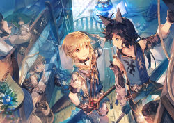 Rule 34 | 4boys, ahoge, animal ears, bed, black gloves, black hair, blue eyes, blush, brown eyes, brown hair, cat ears, character request, closed mouth, gloves, granblue fantasy, holding, holding sword, holding weapon, indoors, lantern, looking at another, male focus, multiple boys, open mouth, pointy ears, railing, rope, scorpion5050, short hair, smile, stairs, standing, sword, treasure chest, weapon