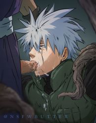 Rule 34 | 2boys, black gloves, black shirt, blush, crying, crying with eyes open, cum, cum in mouth, fellatio, gloves, green vest, grey hair, hand on another&#039;s head, hatake kakashi, looking up, male focus, multiple boys, naruto (series), naruto shippuuden, nsfwbutter, oral, penis, roots, scar, scar across eye, sharingan, shirt, short hair, tears, uchiha obito, veins, veiny penis, vest, yaoi