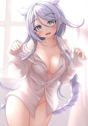 Rule 34 | 1girl, absurdres, blue eyes, blush, braid, breasts, buttons, collarbone, collared shirt, cowboy shot, grey hair, groin, highres, kantai collection, large breasts, long hair, long sleeves, looking at viewer, makura (y makura), mole, mole under eye, open mouth, shirt, sidelocks, single braid, smile, solo, umikaze (kancolle), umikaze kai ni (kancolle), very long hair, white shirt