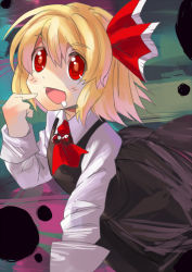 Rule 34 | 1girl, :d, abe ranzu, ascot, blonde hair, blush, bow, drooling, hair bow, open mouth, red eyes, rumia, saliva, sketch, smile, solo, touhou