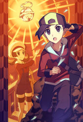 Rule 34 | 1boy, 1girl, :o, backpack, backwards hat, bag, bell, brown hair, clenched hand, closed mouth, commentary request, creatures (company), ethan (pokemon), falling leaves, feathers, flipped hair, game freak, hand up, hat, highres, holding, jacket, leaf, long hair, long sleeves, lyra (pokemon), natupath summer, nintendo, open mouth, overalls, pants, pokemon, pokemon hgss, red jacket, red shirt, shirt, smile, thighhighs, twintails