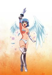 Rule 34 | 00s, 1girl, absurdres, angel, angel of light nanael, angel wings, armpits, arms up, asymmetrical wings, blue hair, boots, breasts, censored, convenient censoring, elbow gloves, feathers, gloves, green eyes, highres, midriff, nanael (queen&#039;s blade), nanael (queen's blade), navel, no bra, open mouth, panties, polka dot, polka dot panties, queen&#039;s blade, scan, short hair, solo, standing, thighhighs, underwear, wings