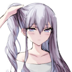 Rule 34 | 1girl, bad id, bad pixiv id, bare shoulders, blue eyes, blush, blush stickers, closed mouth, collarbone, collarless shirt, drill hair, ear focus, hair between eyes, highres, holding, holding own hair, long hair, looking at viewer, misteor, original, profile, purple hair, shirt, sketch, solo, solo focus, white background, white shirt