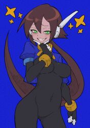 Rule 34 | 1girl, absurdres, aile (mega man zx), black bodysuit, blue background, blue jacket, blush, bodysuit, bodysuit under clothes, breasts, brown hair, buzzlyears, covered collarbone, covered navel, cropped jacket, faux traditional media, glowing, green eyes, highres, jacket, large breasts, long hair, looking at viewer, mega man (series), mega man zx, mega man zx advent, no pants, open clothes, open jacket, ponytail, robot ears, sharp teeth, simple background, smile, smirk, solo, teeth