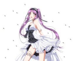 Rule 34 | 1girl, armlet, arms behind back, bananadaiou, breasts, choker, collarbone, dress, euryale (fate), euryale (third ascension) (fate), fate/hollow ataraxia, fate (series), hairband, highres, lolita hairband, long hair, looking at viewer, medium breasts, open mouth, petals, purple hair, short dress, simple background, sleeveless, sleeveless dress, solo, standing, thighlet, twintails, very long hair, white background, white dress, yellow eyes