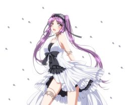 1girl armlet arms_behind_back bananadaiou breasts choker collarbone dress euryale_(fate) euryale_(third_ascension)_(fate) fate/hollow_ataraxia fate_(series) female_focus hairband highres jewelry lolita_hairband long_hair looking_at_viewer medium_breasts open_mouth petals purple_hair short_dress simple_background sleeveless sleeveless_dress solo standing thighlet twintails very_long_hair white_background white_dress yellow_eyes