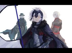 Rule 34 | 1girl, 2boys, antonio salieri (fate), antonio salieri (second ascension) (fate), armor, armored dress, ascot, black cloak, black suit, chain, cloak, closed eyes, edmond dantes (fate), facing back, fate/grand order, fate (series), fedora, flag, formal, fur trim, fuyotan, gauntlets, green cloak, grin, half updo, hat, headpiece, highres, jeanne d&#039;arc alter (fate), letterboxed, looking back, multiple boys, plackart, red ascot, simple background, smile, standard bearer, suit, wavy hair, white background, white hair